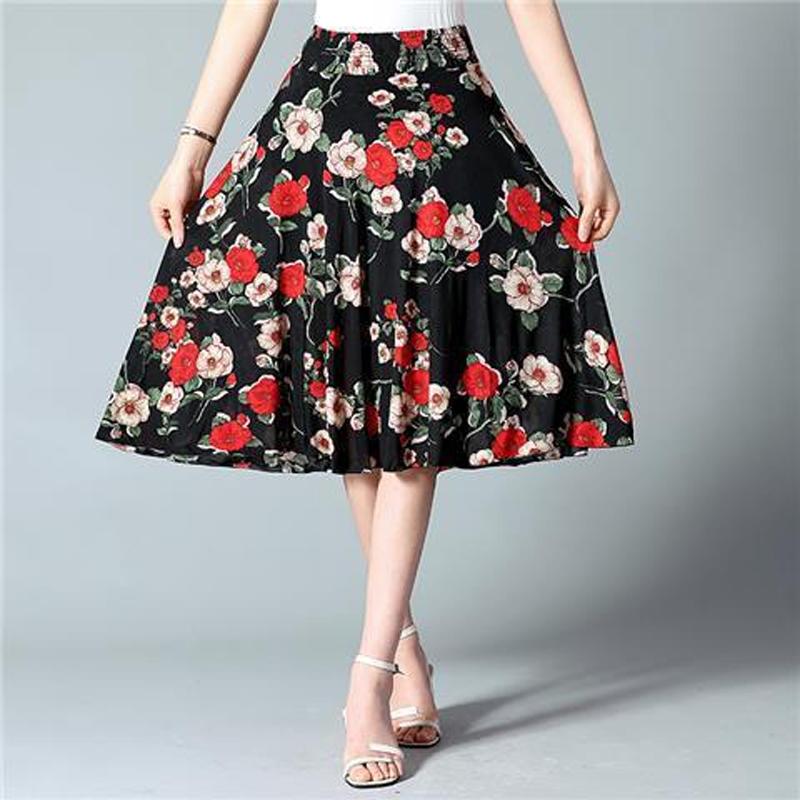 Fuste cu flori de lungime mijlocie de vară cu talie elastică femei lejer casual din șifon din mătase de gheață rochie de plajă pentru femei