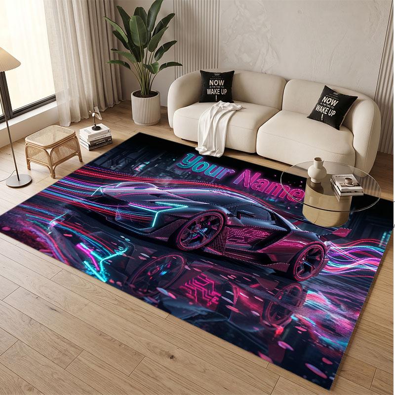 Auto-Rennsport-Thema Weicher Kristall-Samt Teppich Benutzerdefinierter Name & Text Druck Rutschfester Boden Teppich für Schlafzimmer Wohnzimmer