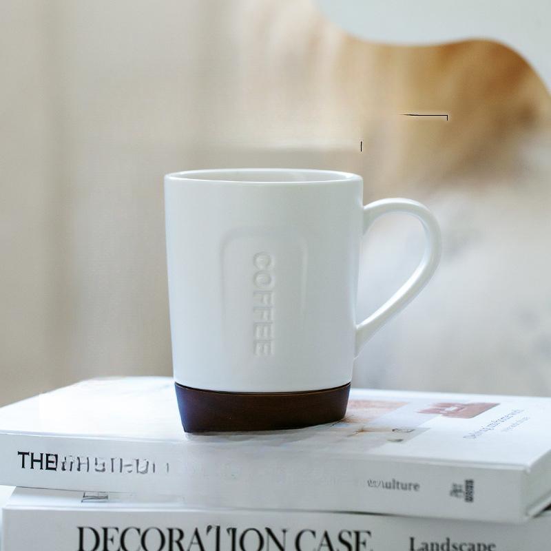 Modern Simple Office Coffee Cup with Wooden Mat Ceramic Relief Cup High Value Mug Home Exquisite Drinking Cup