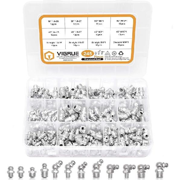 VIGRUE Grease Fittings, 245 Pieces SAE & Metric Grease Fitting Assortment Kit, Standard Grease Fittings Grease Zerks, Straight and Angled Perfect for
