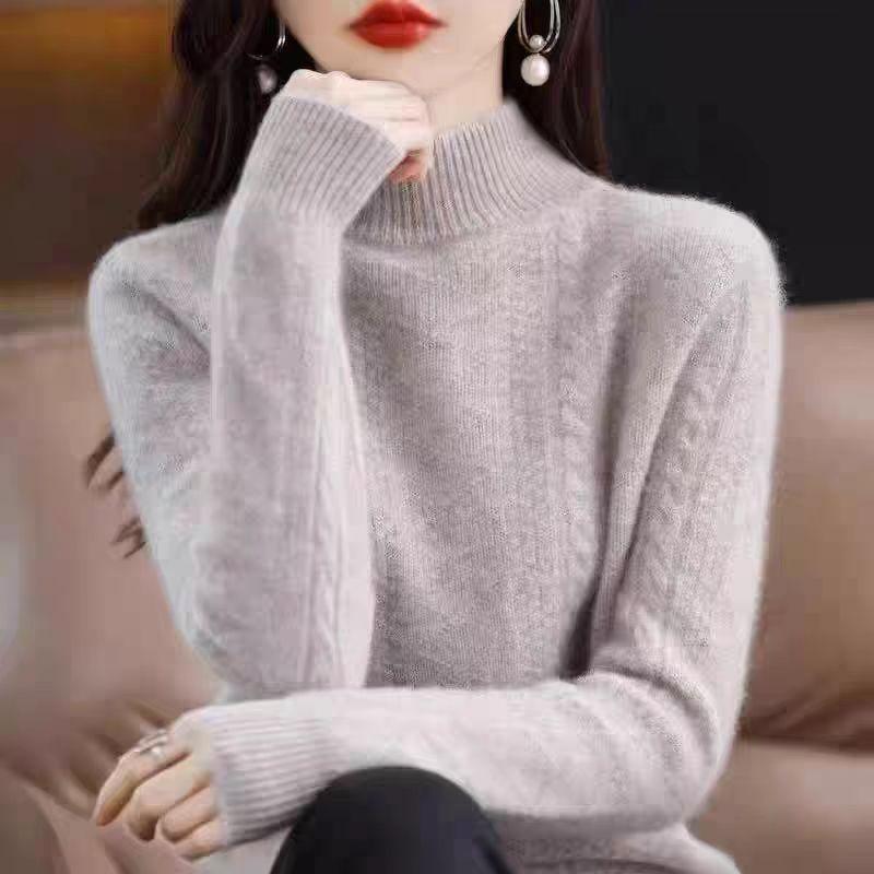 Half Turtleneck Sweater Thickened Knitted Sweater for Women In Autumn and Winter Solid-colored Top and Loose Warm Pullover