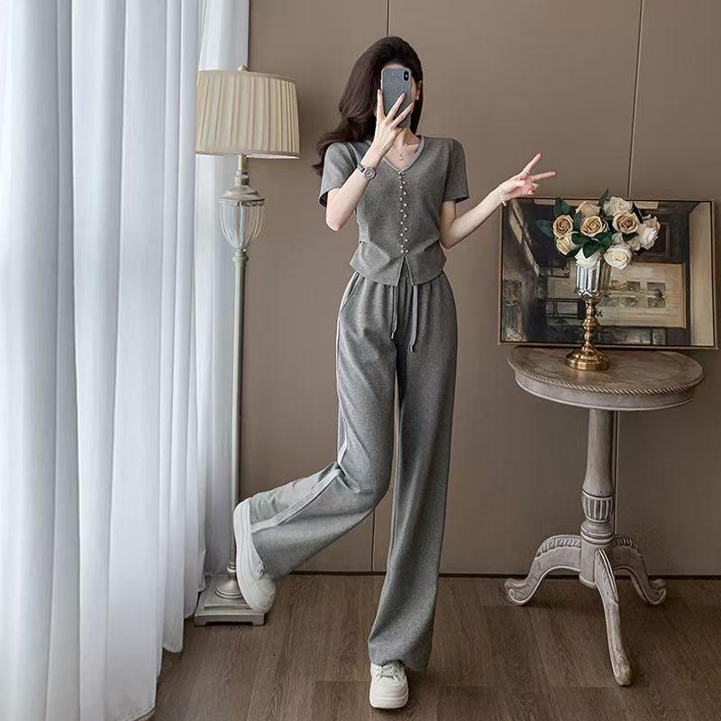 Women's Summer Casual Two-Piece Set: Stylish Korean Short Sleeve Top & Wide Leg Pants