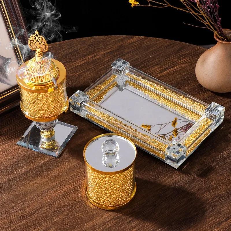 Golden Beads Glass Crystal Incense Burner Living Room Bedroom Crystal Ornaments Arabic Incense Burner Incense Plug