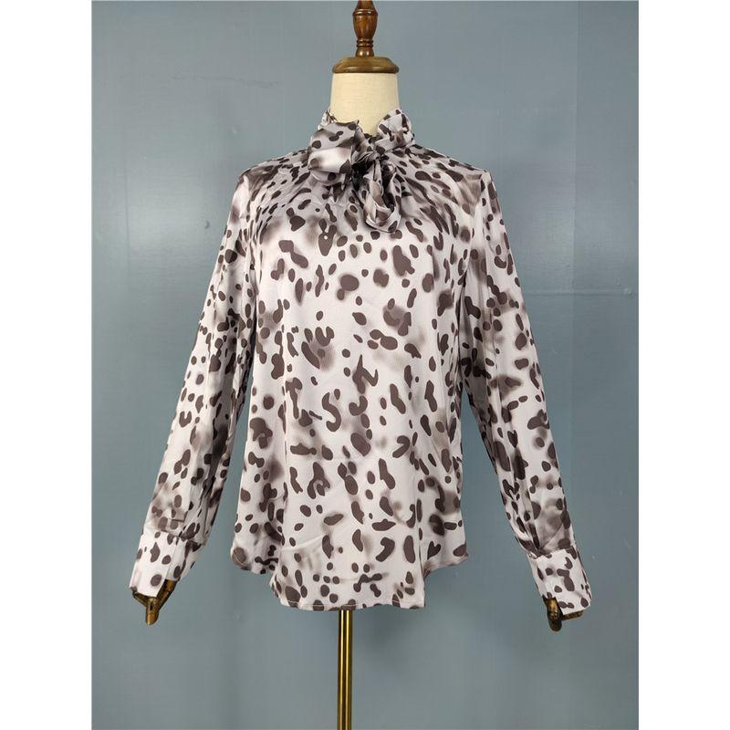 French Style Temperament 2025 Early Spring New Arrival Purple Pink Print Fashion Smooth Satin Long Sleeve Stand Collar Shirt Leopard Print Tops