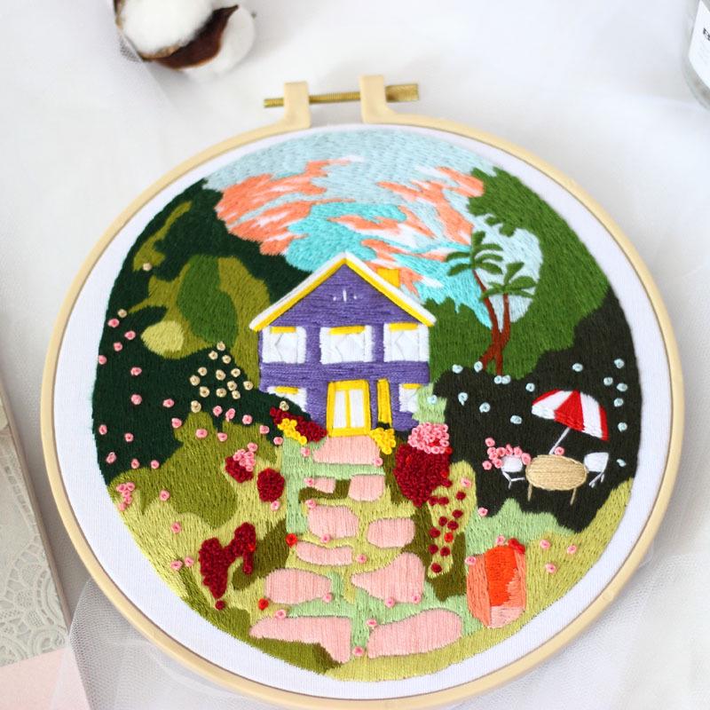 DIY Cross-Stitch Kit: Spring Courtyard Landscape Embroidery with Needles & Thread