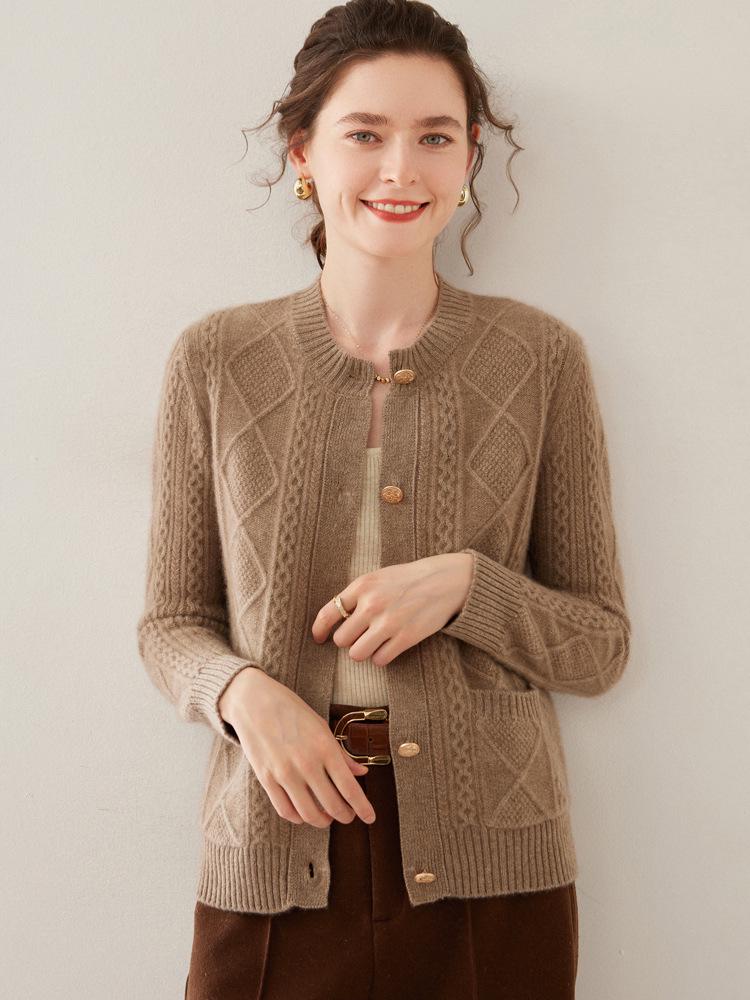 Women's Cable Knit Wool Cardigan - Long Sleeve, Single Breasted, Thick Cashmere Knitwear for Autumn and Winter