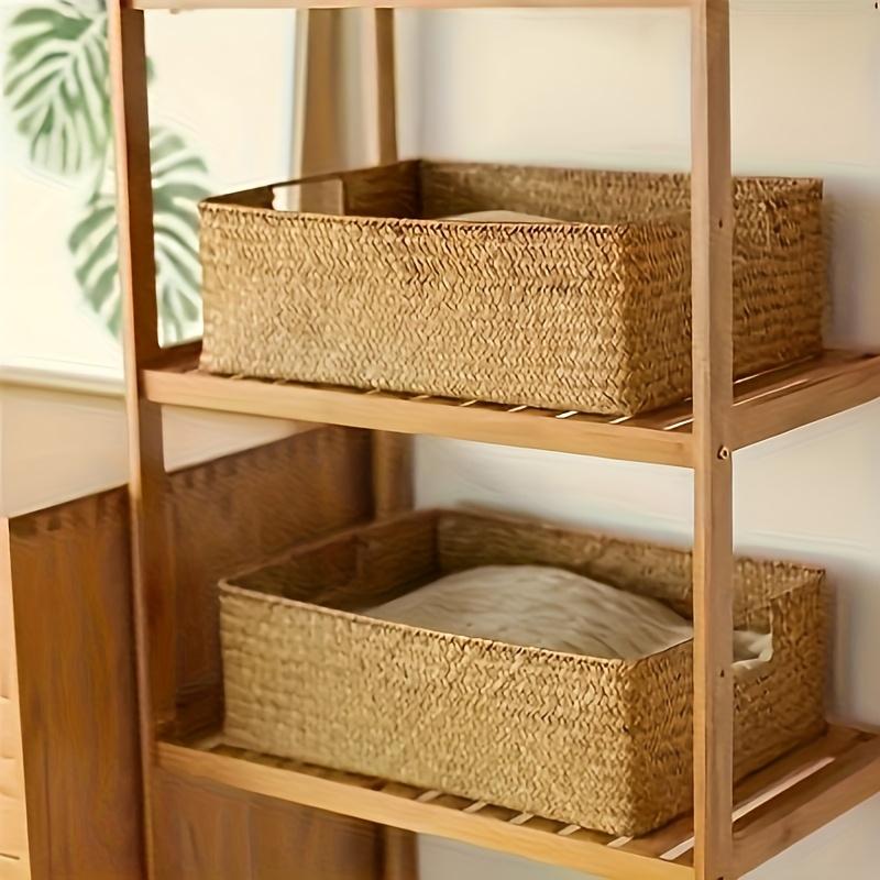 Handwoven Rattan Basket, Rectangular Storage Organizer for Bathroom Bedroom Living Room, Durable Wicker Decor Grocery Bag Holder
