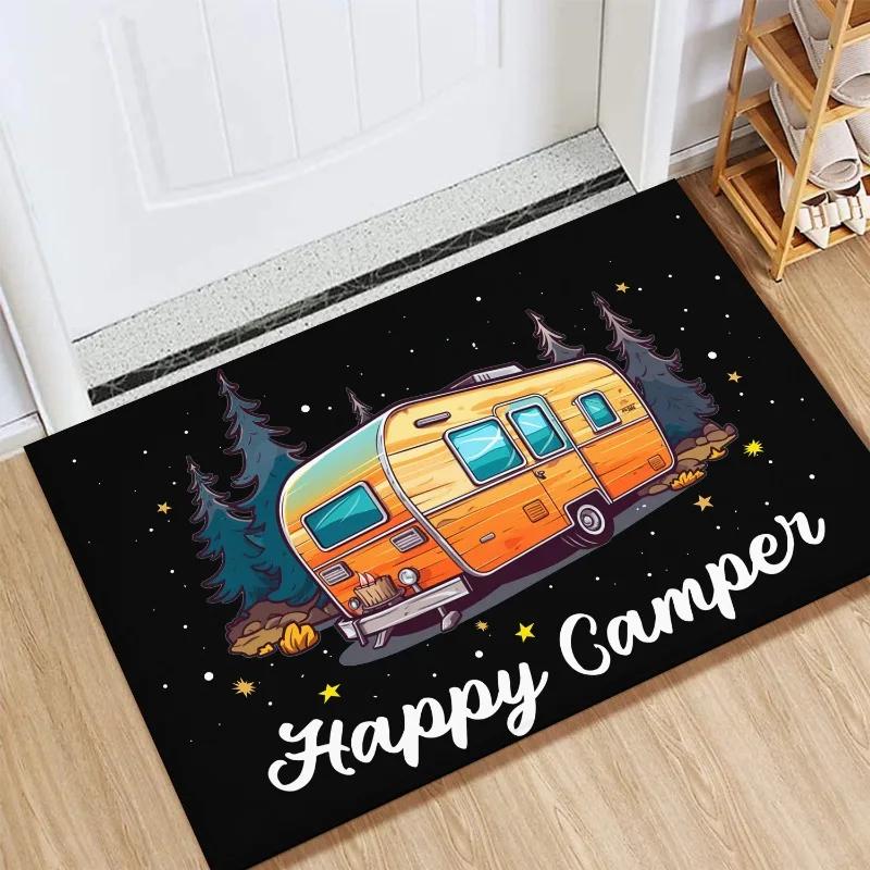 Happy Campers Camping Themed Door Mat Stain Resistant Flannel Rug for Living Room Bedroom Kitchen Office Vacation Home Decor