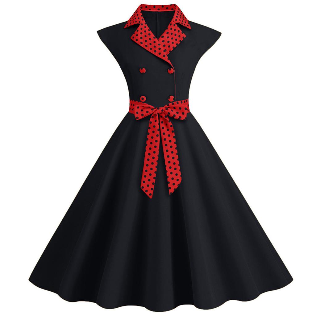 Women's Fashionable Suit Collar Polka Dot Casual Solid Color Large Swing Dress with Belt