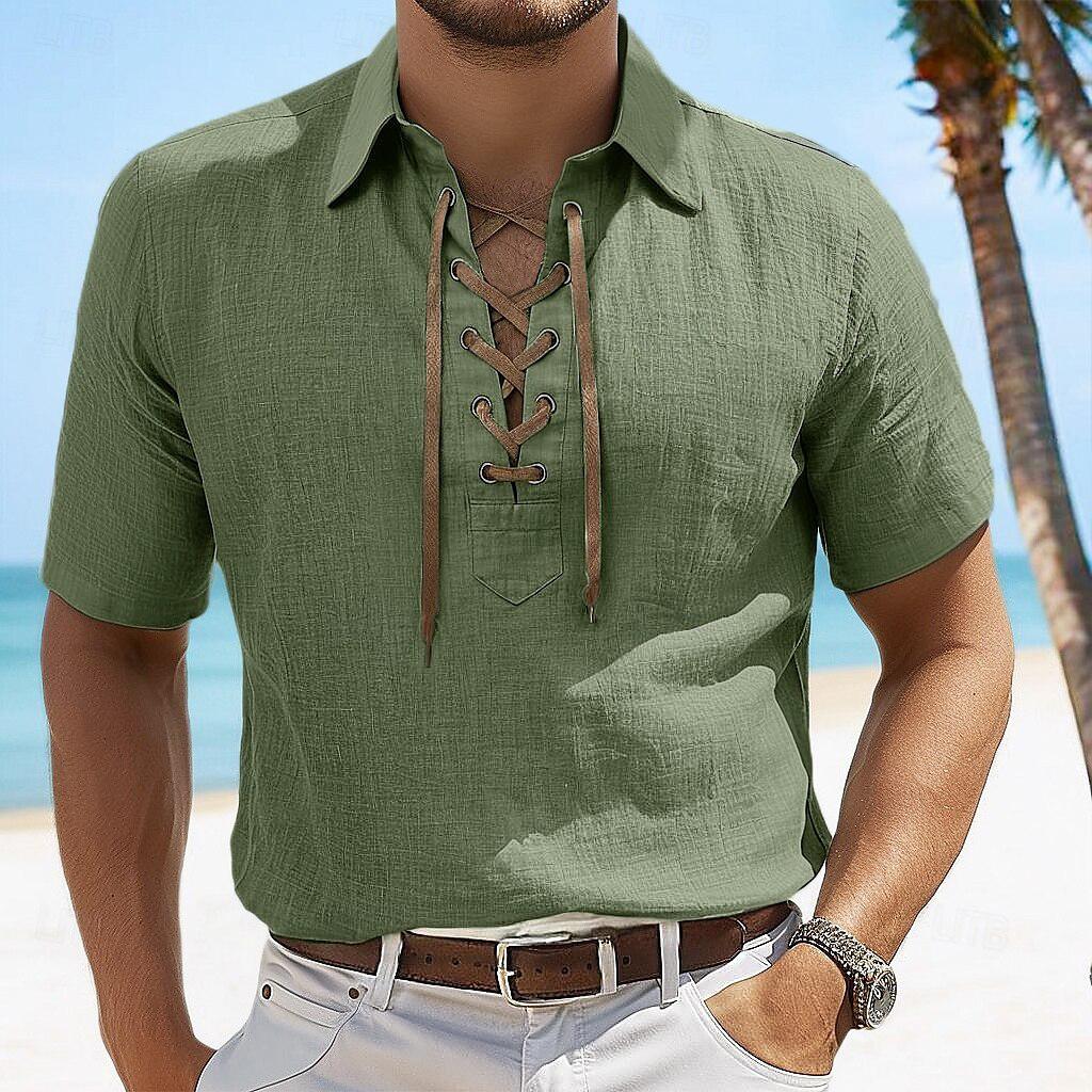 Camisa de manga curta masculina 100% algodão e linho, casual, cor sólida, lapela, gola V, manga curta