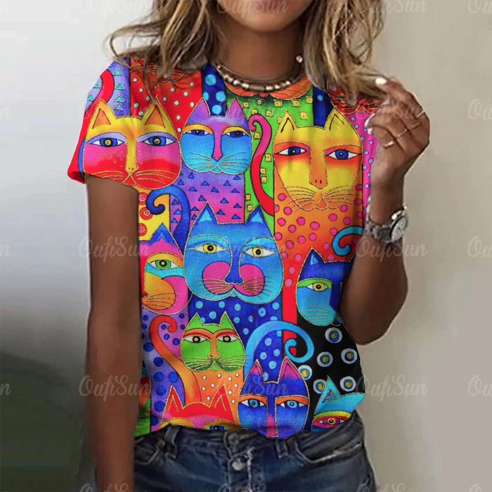 2025 Summer Women Cartoon T-shirt Cute Cat Printing Tops Tees Female Fashionable Short Sleeve Clothing Casual Stylish Outfit