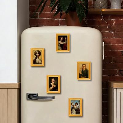 1/5Pcs Oil Painting Women Refrigerator Magnet 3D Wooden Frame Ladies Portraiture Fridge Magnet Home Kitchen Office Decoration