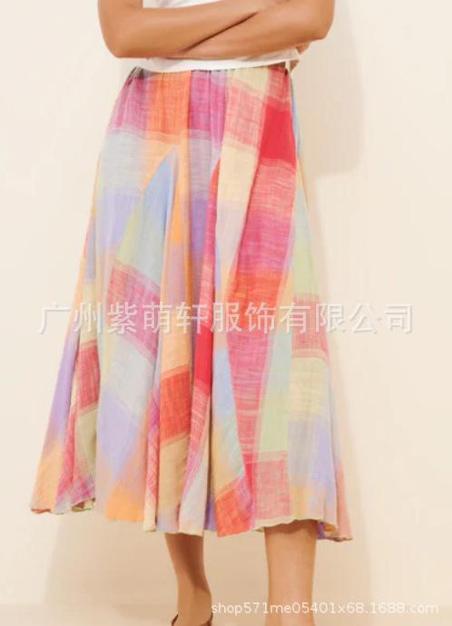 Women s High Waist A Line Midi Skirt Medium Stretch Colorful Plaid Printed Pleated Flowy Casual Summer Maxi Skirt S