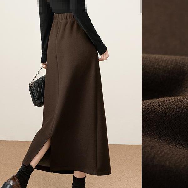 Coffee-Colored Woolen Mid-Length High-Waisted Slimming Elastic Waist Skirt - 2025 Autumn/Winter Collection