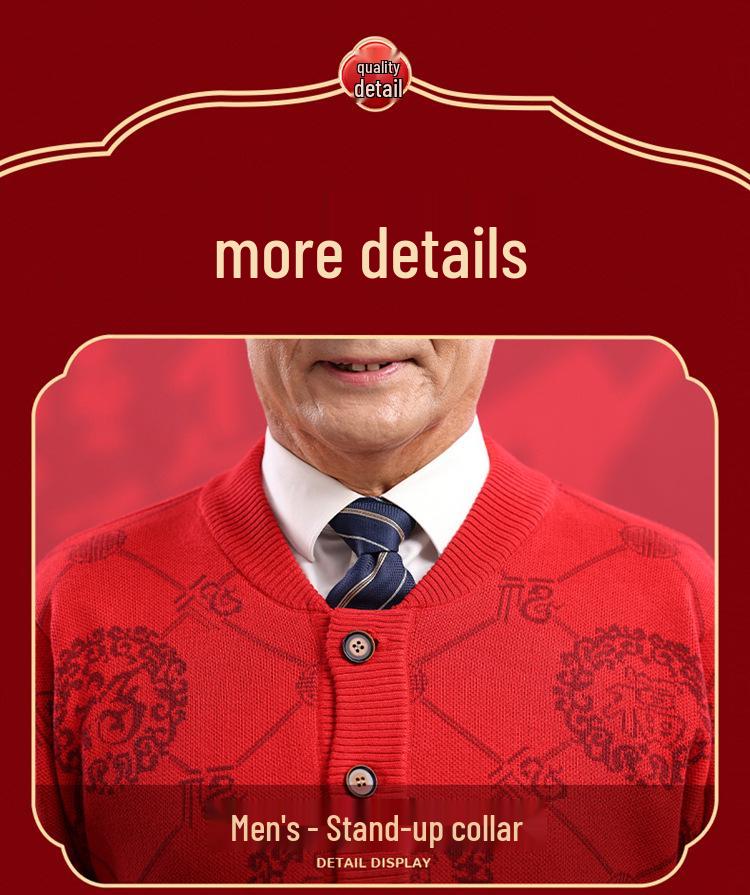 2025 Autumn/Winter Fine Wool Round Neck Cardigan with Fu Character for Middle-Aged & Elderly - Plus Velvet Warm Top