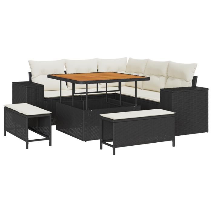 Ensemble de Canapés de Jardin 8 Pièces avec Coussins Noir Rattan Poly Acacia, Ensemble de Salle à Manger de Jardin 3 Pièces 3361995