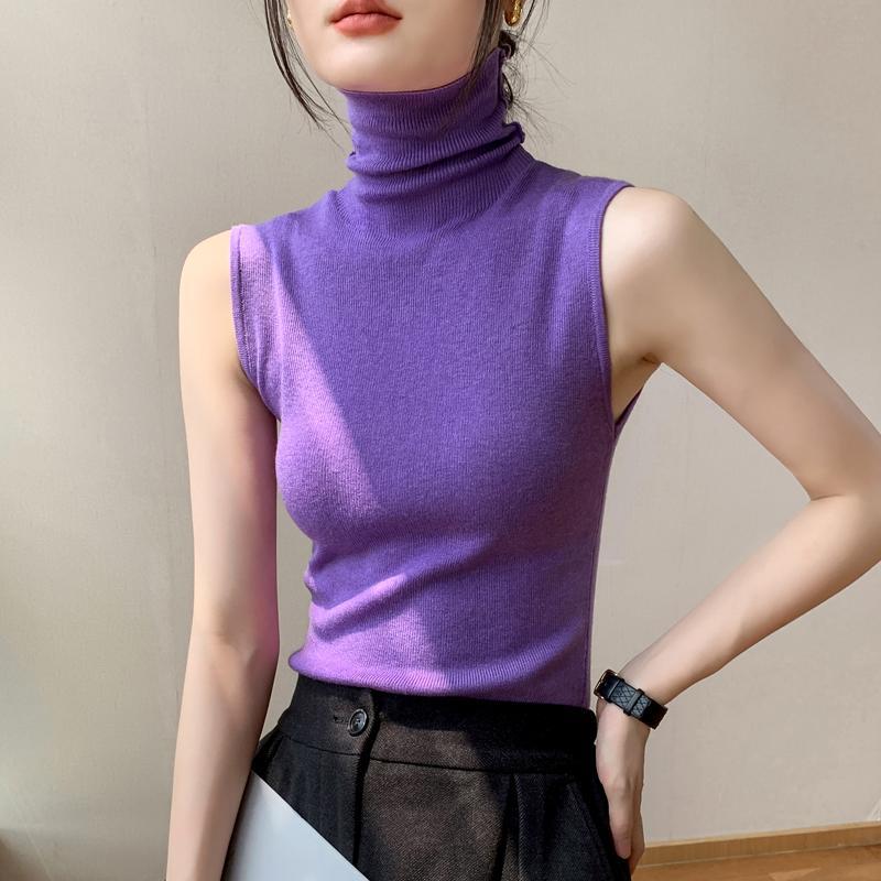 Women's Turtleneck Knit Vest Autumn Winter Slim Fit Slouchy Collar Shrug Sleeveless Lining Top