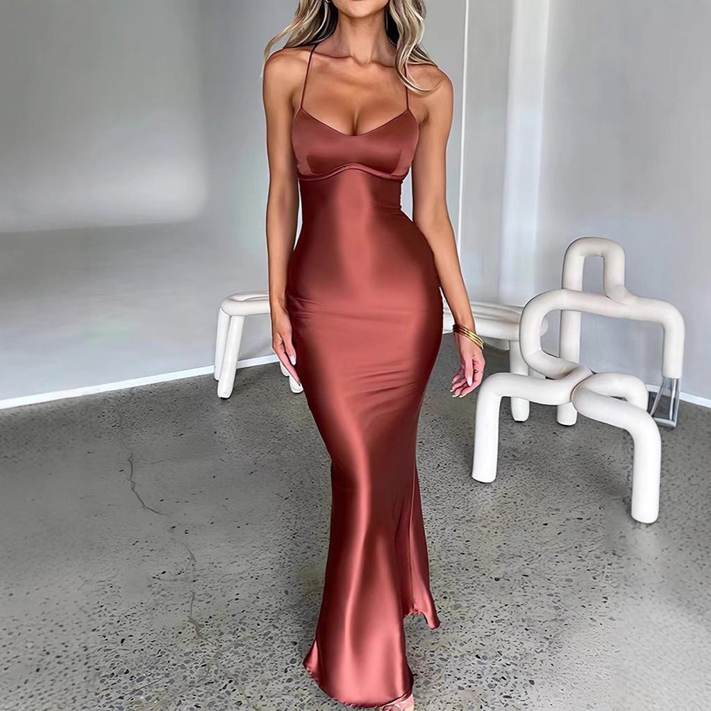 New Women's Sexy Suspender Satin Fashion Halter Strap Waist Evening Dress Dress