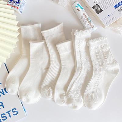 White Mid-calf Socks for Women In Autumn and Winter, Lace Cotton Pile Socks, Trendy Cotton, Sweat-absorbing