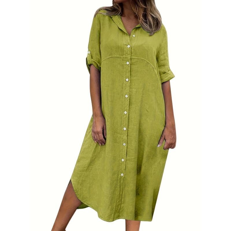 New Solid Color Cotton and Linen Shirt Dress