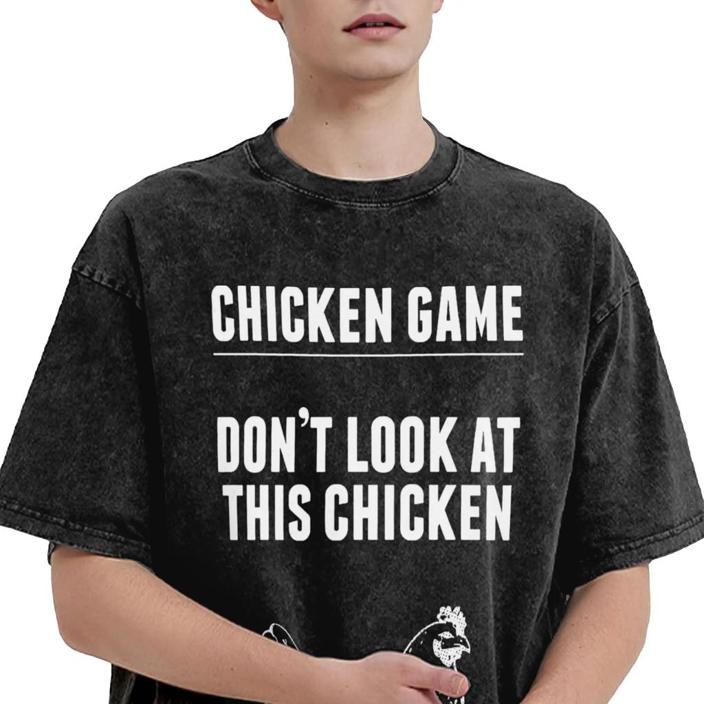 Vintage Washed T Shirt Fun Chicken Game Cotton T Shirts Don't Look At The Chicken  Novelty Tshirt for Mens Summer Top