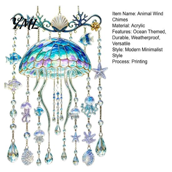 Window Hanging Crystal Pendant Ocean-Themed Wind Chime, Stained Acrylic Jellyfish Seahorse Pufferfish Suncatcher Glass Style with Prism Drops, Coastal