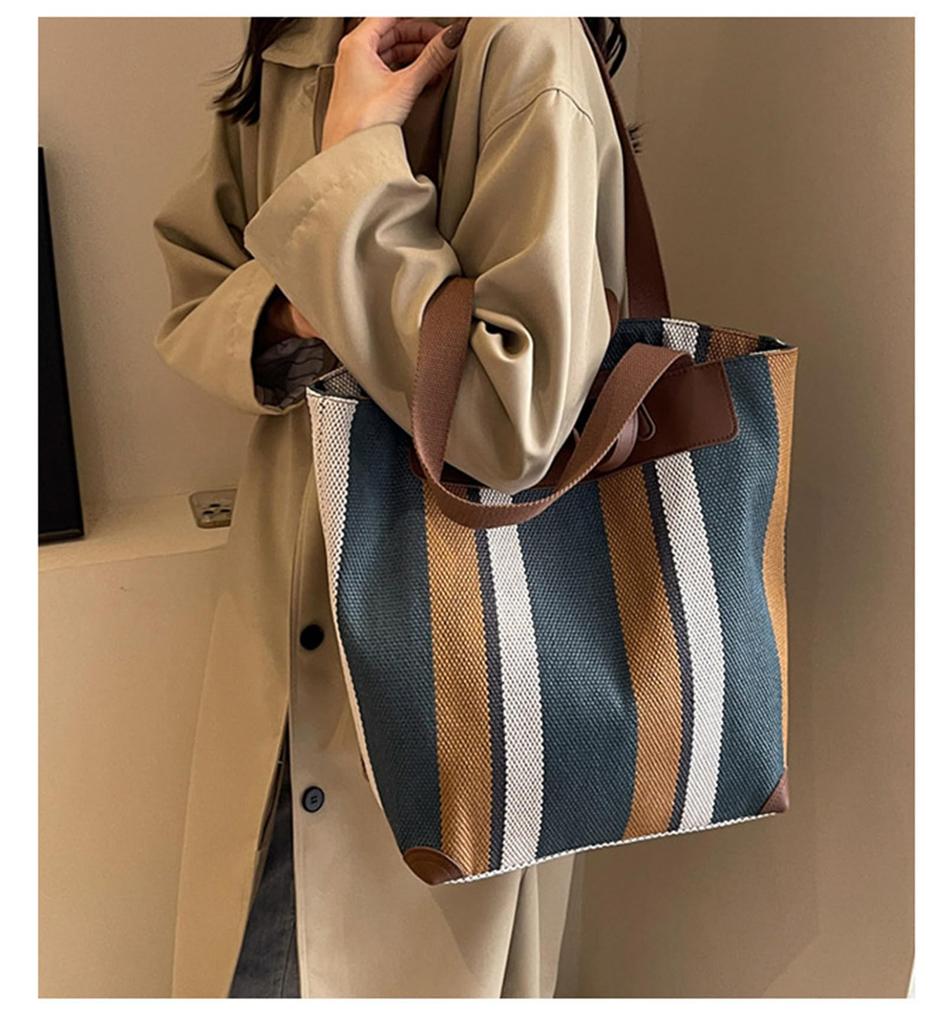 KSLAT Women's Shoulder Bag, Tote Bag, Large Capacity, Canvas Bag, A4 Size, Striped Pattern, Casual and Cute, Perfect for Travel, Commuting, School,