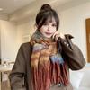 Women Scarf Plaid Pattern Cashmere Feel Plush Scarf with Tassel Decoration Travel Sweater Coat Accessory
