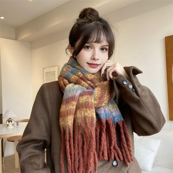 Women Scarf Plaid Pattern Cashmere Feel Plush Scarf with Tassel Decoration Travel Sweater Coat Accessory