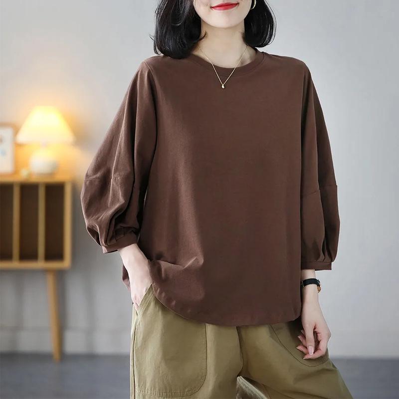 Solid Color Seven-Sleeve Retro Lantern T-Shirt for Women