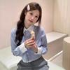 Blue Striped Long-sleeved Shirt Women's Spring and Autumn New Loose French Design Versatile Short Lace Top Shirt