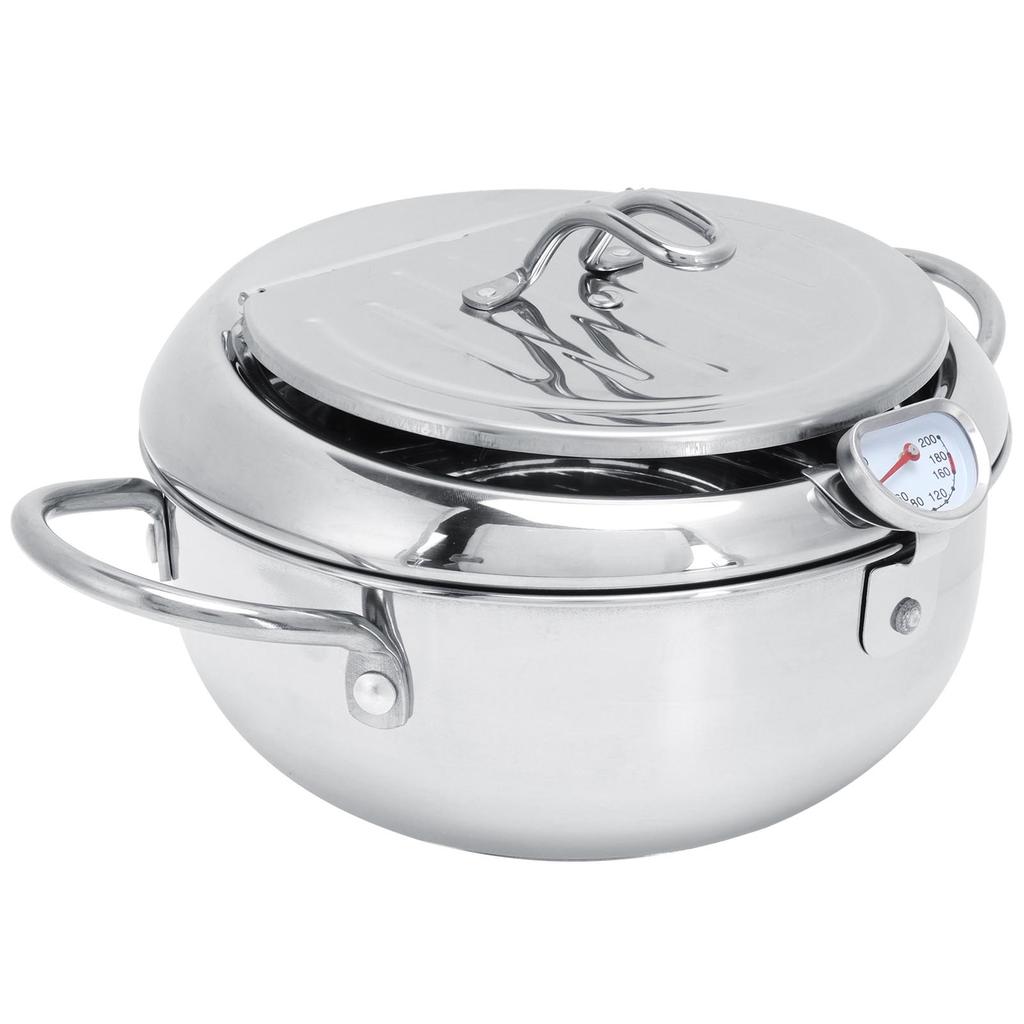 28cm Japanese Tempura Deep Fryer Pot 201 Stainless Steel Frying Pot with Thermometer Oil Filter Rack