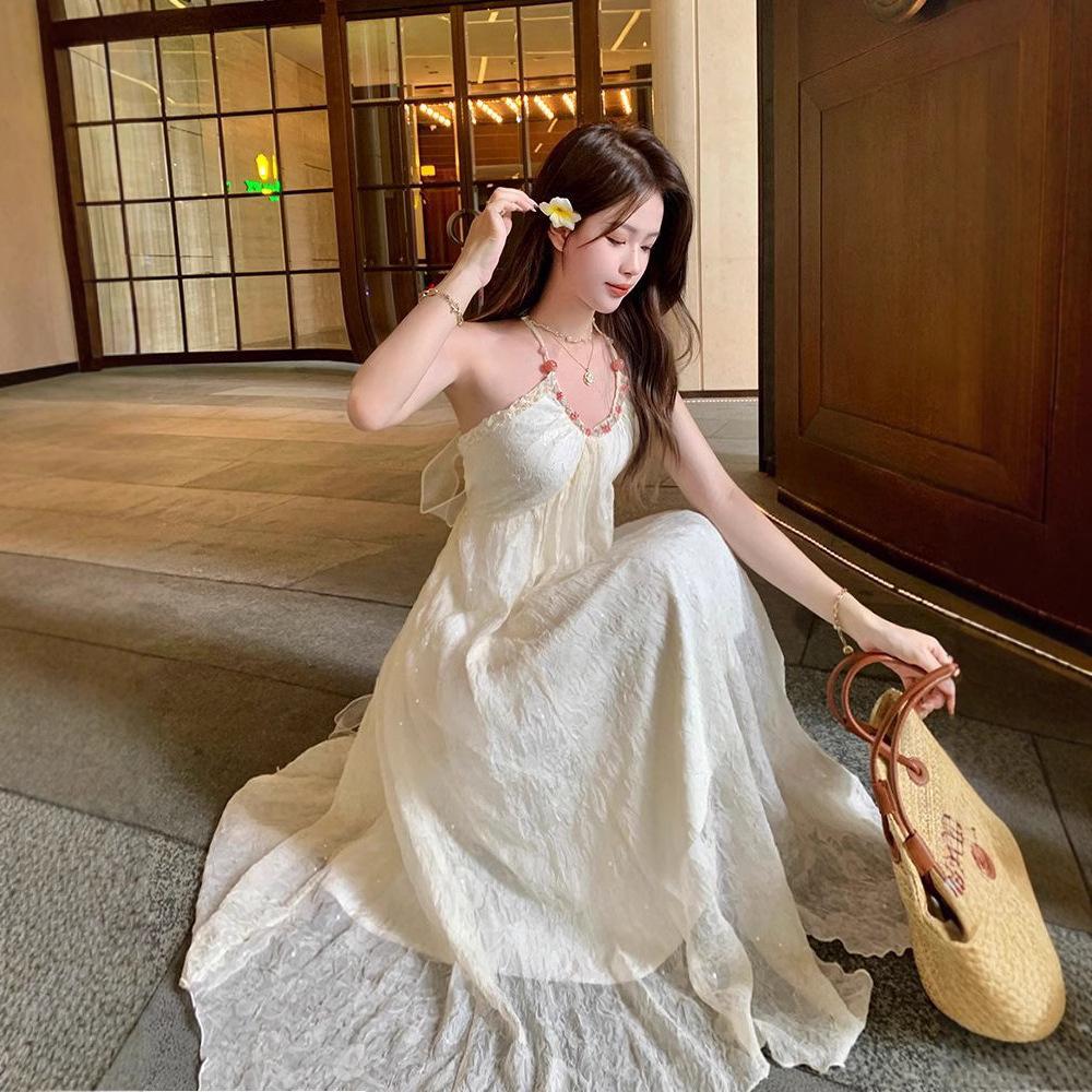 Pure desire wind neck strap suspender dress women's summer seaside vacation French backless high-end white dress