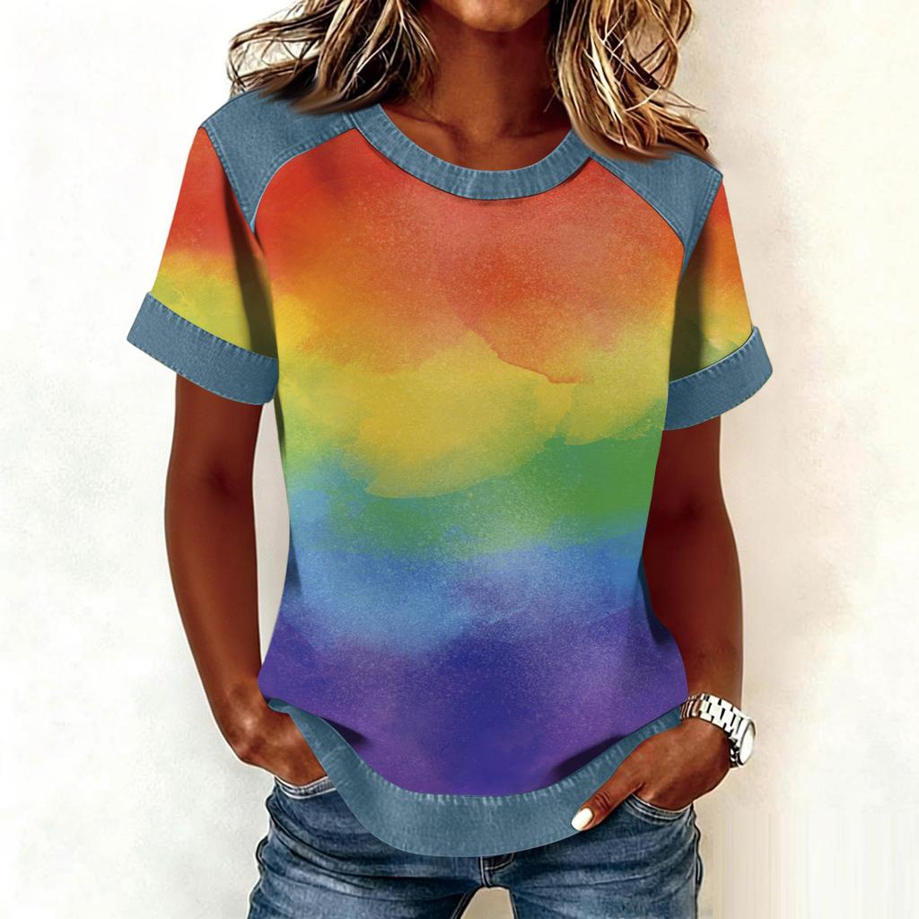Women Denim Collar Patchwork Stitching Sweatshirt Casual  Printed Pullover Short Sleeve Shirts