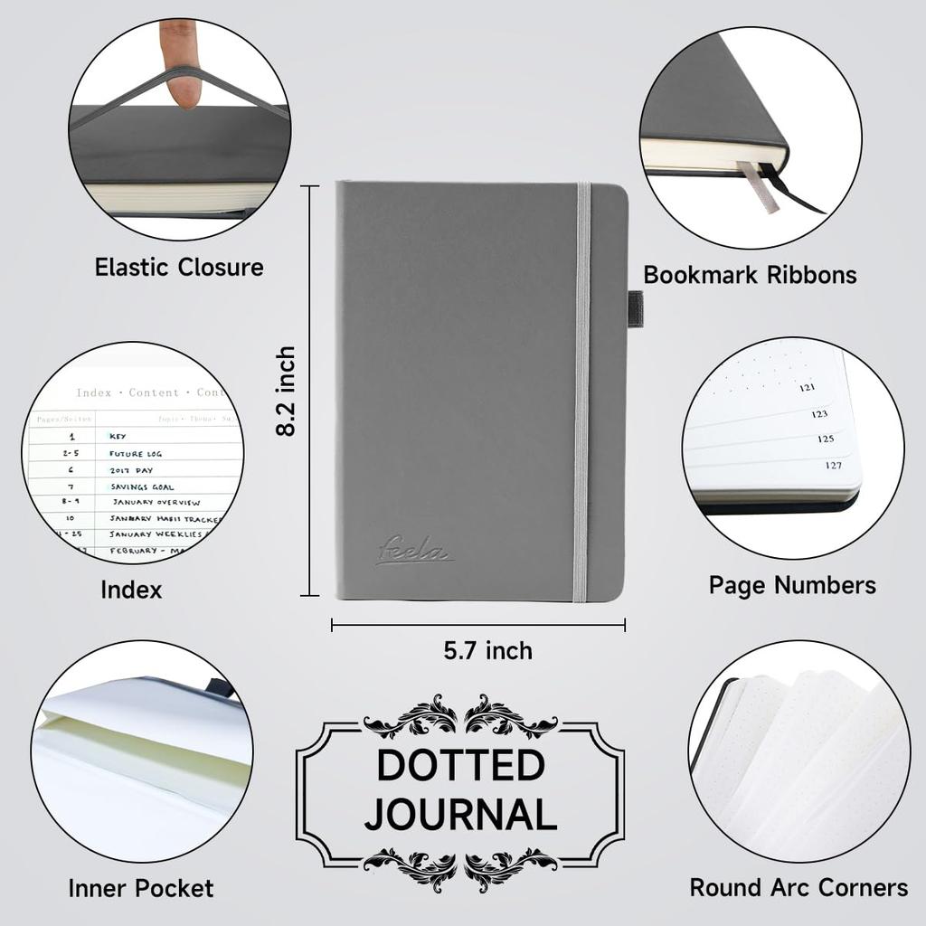 Feela Bullet Journal Notebook, Synthetic Leather, A5 Size, Dot Grid, Pen Included (Gray)