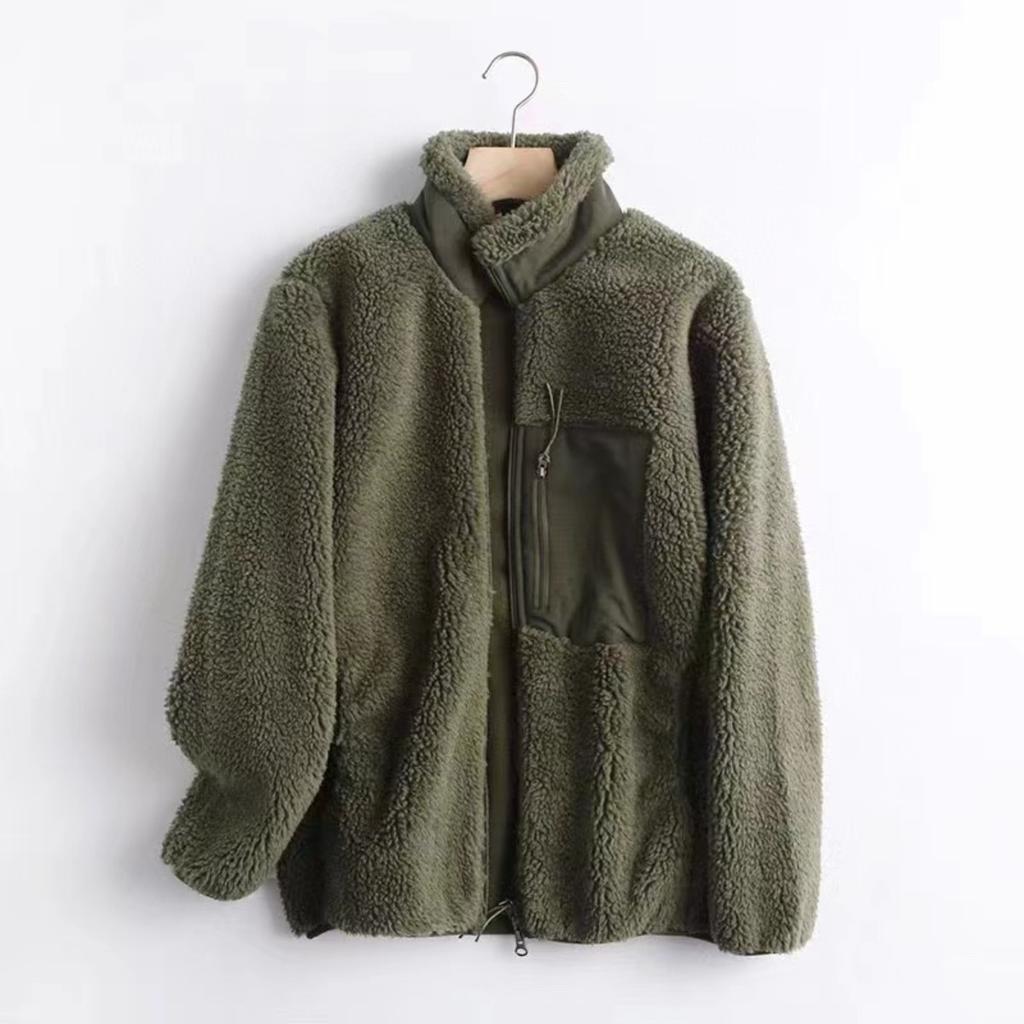 Autumn and Winter Women's Outerwear with Contrasting Fabric, Fine Edge Decoration, Zipper Cardigan, Casual Plush Jacket