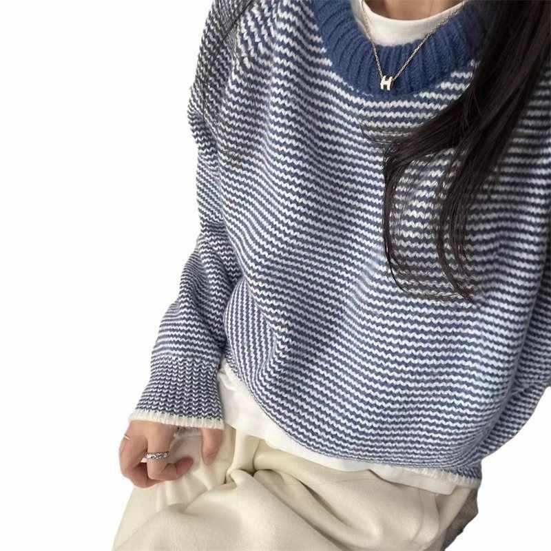Korean Fashion Crew Neck Winter Striped Pullover Women Sweater Casual Loose Knitted Sweaters Office Ladies Long Sleeve Elegant Office Simple Clothing