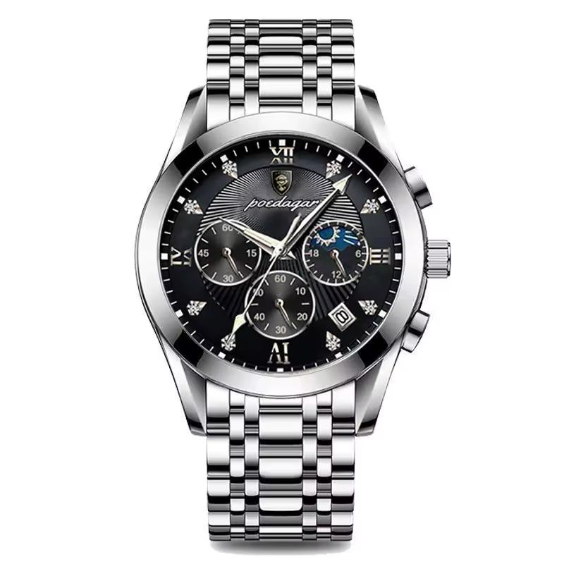 POEDAGAR Men Watches Top Brand Luxury Waterproof Luminous Leather Quartz Wristwatch Business Sport S чёрный/серебряный