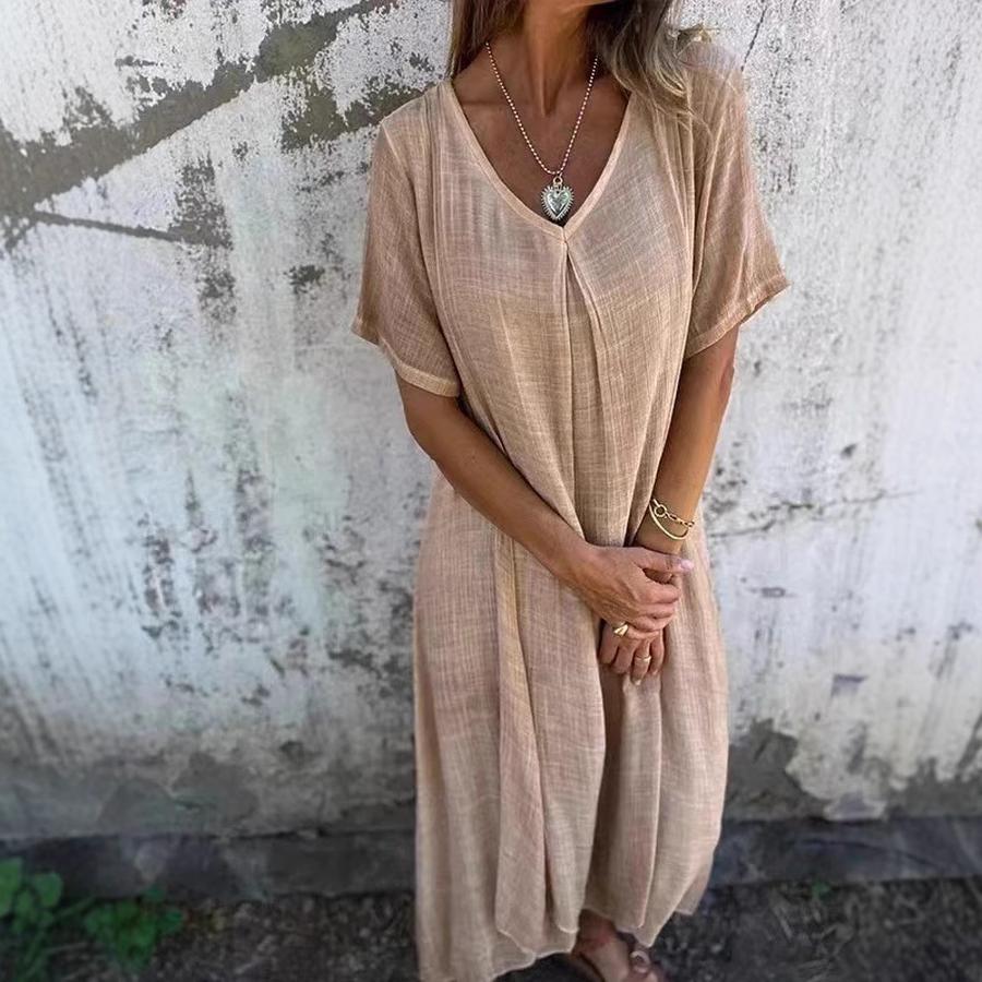 New Fashion Cotton Linen V-Neck Half Formal Dress