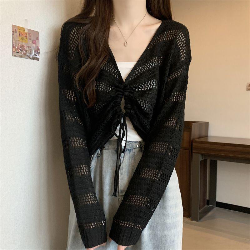 

Винтажные топы с вырезами Женские со сборками Кулиска Длинный рукав Тонкая V-образный вырез Свободная вязаная футболка Повседневная мода Лето XXL чёрный