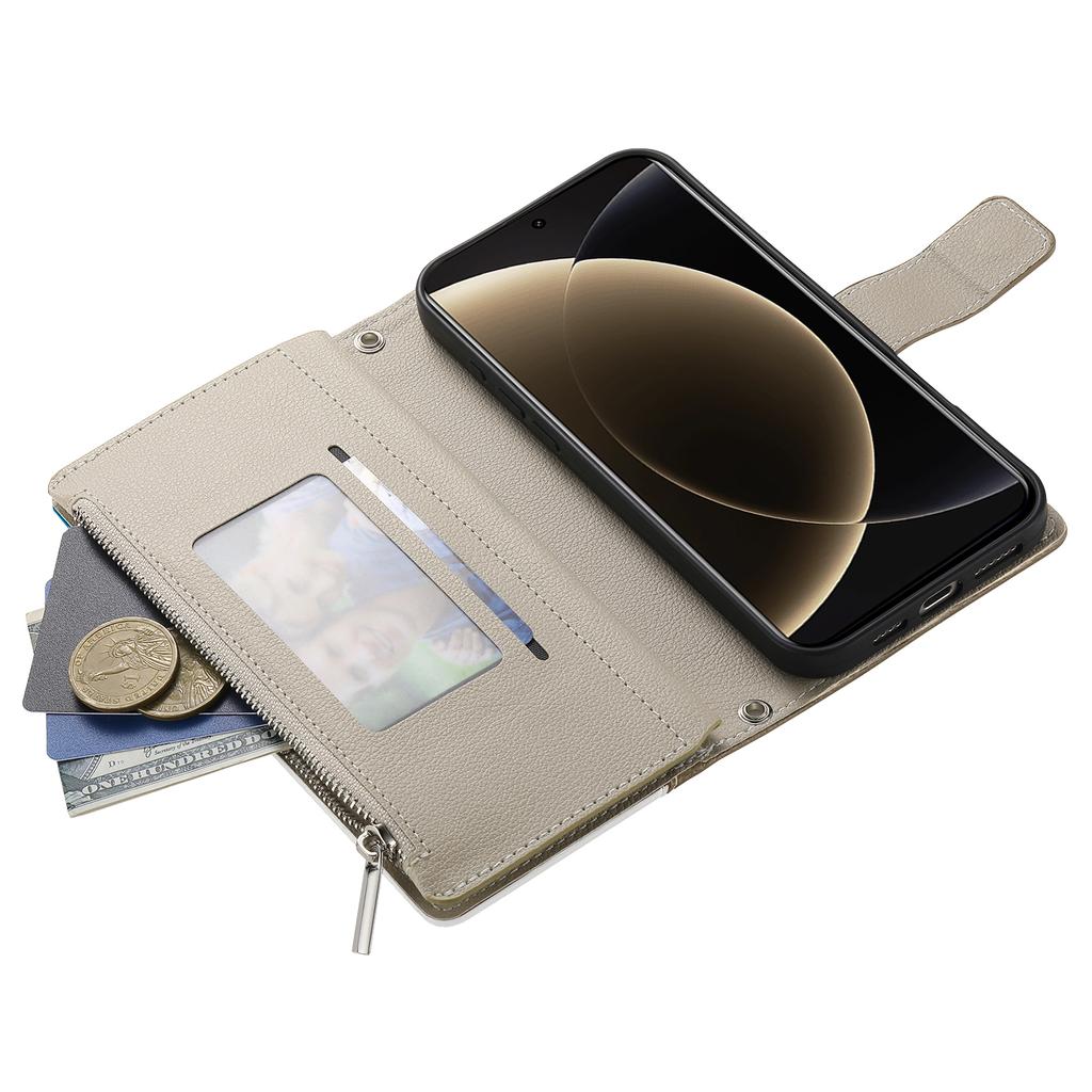 Für Xiaomi 15 Hülle Reißverschluss-Geldbörse Farbspleißung Leder Klapp-Handyhülle mit Riemen