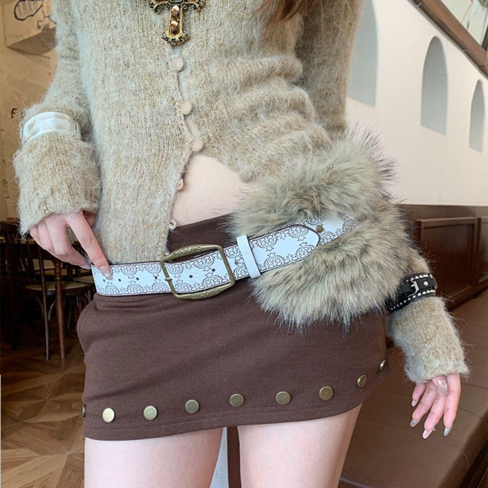 PU Leather Furry Waistband Rivet Y2K Waistband Fashion Plush Belt  Female/Girls