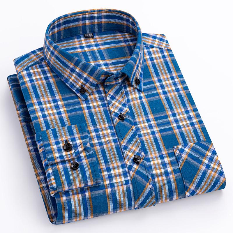 Men's Plus Size Pure Cotton Brushed Plaid Long Sleeve Shirt - Business Casual & Breathable