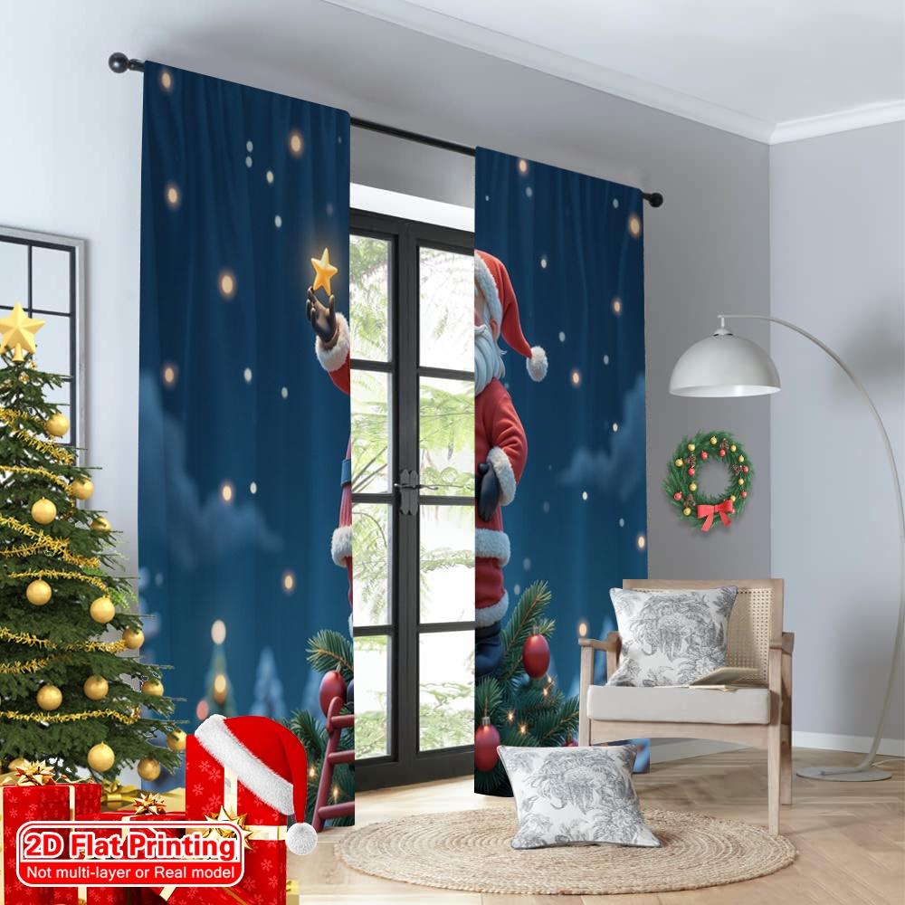 2pcs 2D Flat Printing Merry Christmas Drapes Santa Christmas Tree Star Polyester Without Electricity Family Party for Room Decor