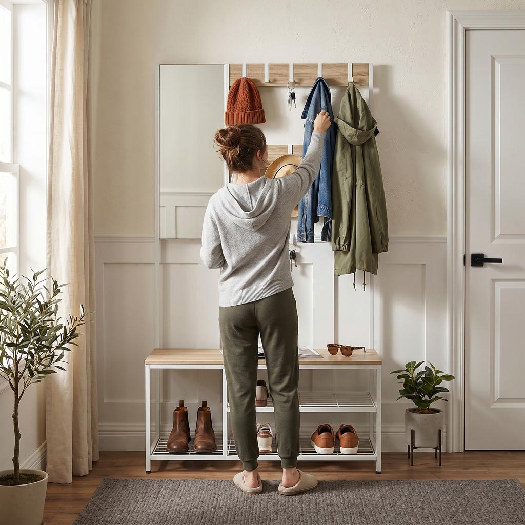 4 In 1 Entryway Coat Rack With Bench Shoe Cabinet Mirror 8 Hooks And Metal Frame Modern Style 98x36x185 Cm Wood