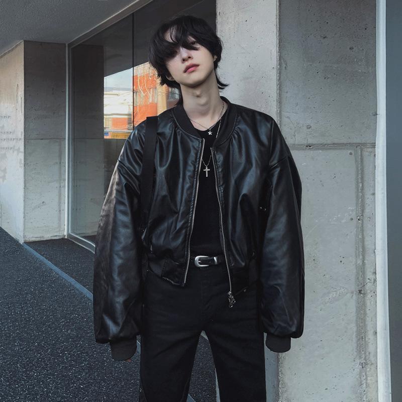 

Короткая кожаная куртка для мужчин, свободное пальто на осень и зиму, модная кожаная куртка в корейском стиле для мотоциклистов 2XL чёрный