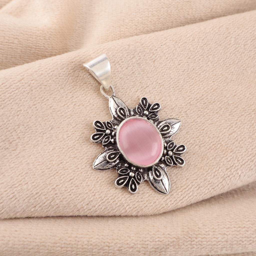 Natura Pink Cat's Eye Gemstone 925 Sterling Silver Handmade Leaf Pendant 1.62" CP-12-44