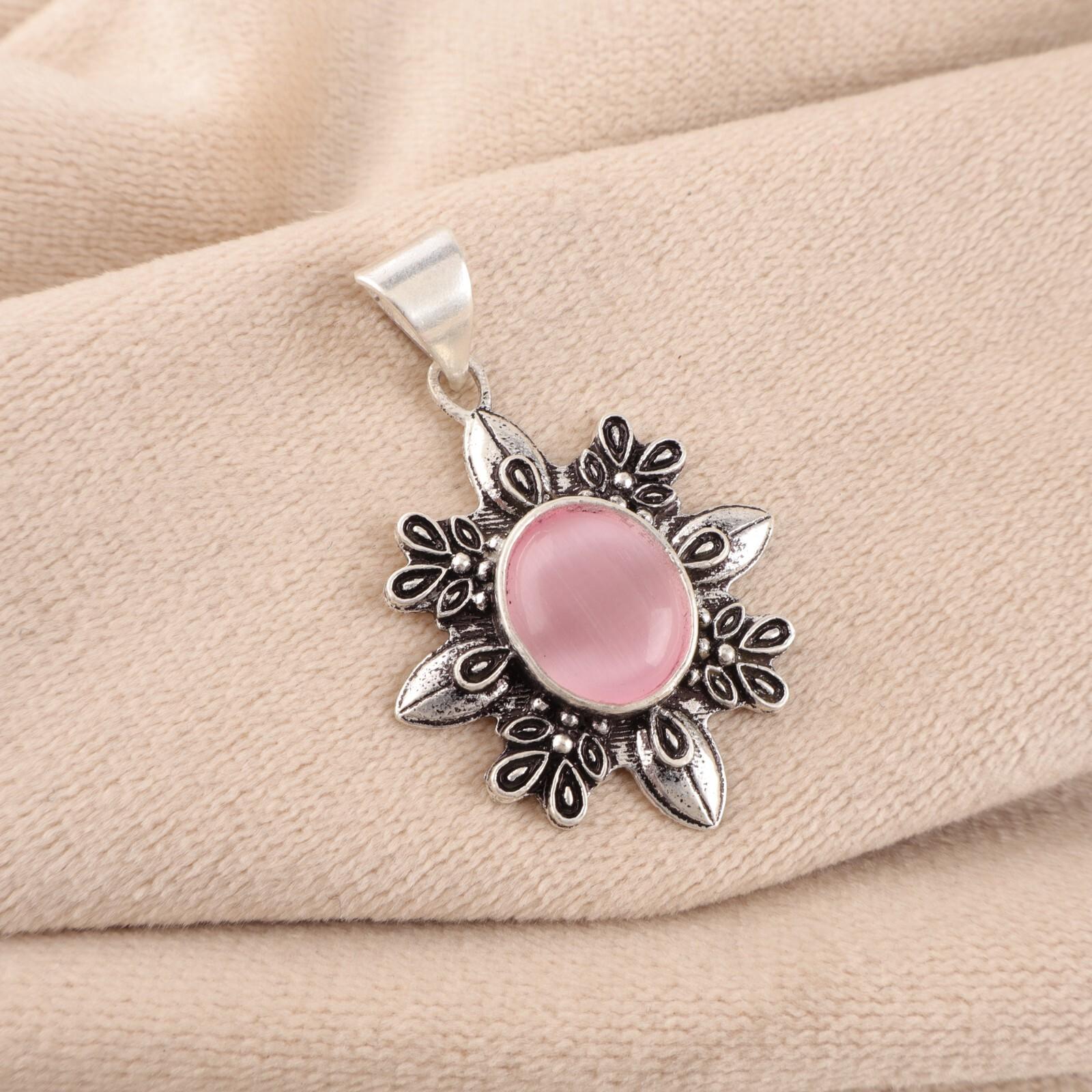 

Натуральный розовый камень «кошачий глаз» 925 стерлинговое серебро ручная работа кулон в виде листа 1,62 CP-12-44