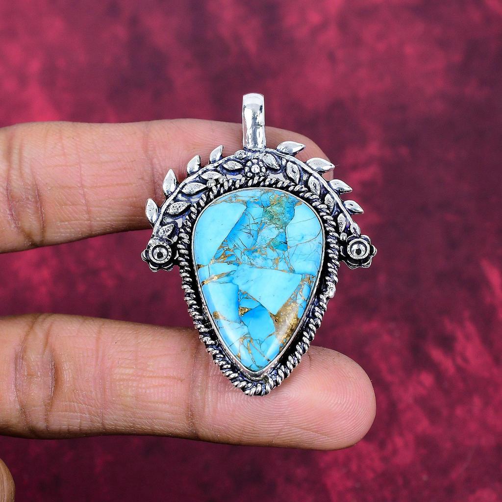 Blue Copper Turquoise Handmade Gemstone Pendant, 925 Solid Sterling Silver Pendant Antique Jewelry, For Engagement Gift
