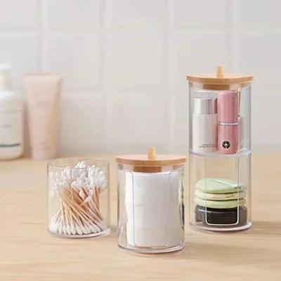 Akrylátová úložná krabička Koupelnová nádobka na make-up Organizér Bavlněný kulatý držák na podložku Krabička na vatové tampony Zásobník na Qtip s bambusovým víkem